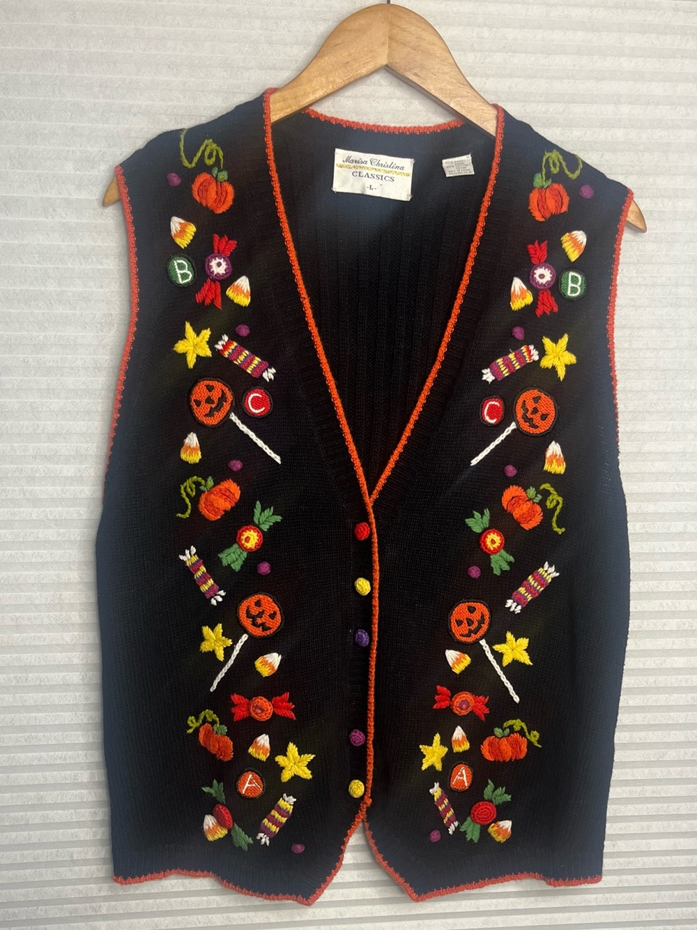 Vintage Marisa Christina Halloween Hand Knit Vest Spooky Cute SZ L Grannycore